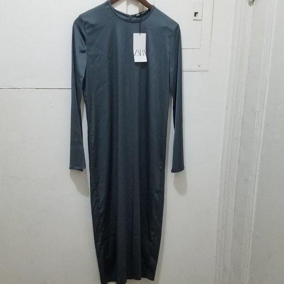 NWT SATIN Effect DARK CHARCOAL GRAY Long Sleeve Midi Dress - Picture 7 of 12